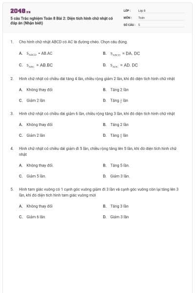 5 câu Trắc nghiệm Toán 8 Bài 2: Diện tích hình chữ nhật có đáp án (Nhận biết)