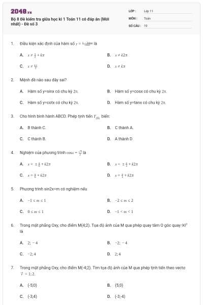 Bộ 8  Đề kiểm tra giữa học kì 1 Toán 11 có đáp án (Mới nhất) - Đề số 3