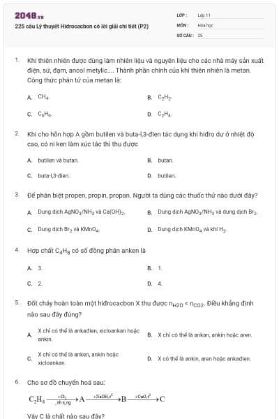 225 câu Lý thuyết Hidrocacbon có lời giải chi tiết (P2)