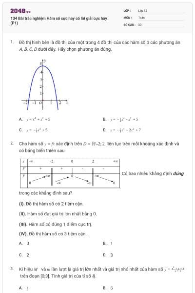134 Bài trắc nghiệm Hàm số cực hay có lời giải cực hay (P1)