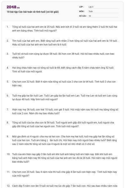 18 bài tập Các bài toán về tính tuổi (có lời giải)