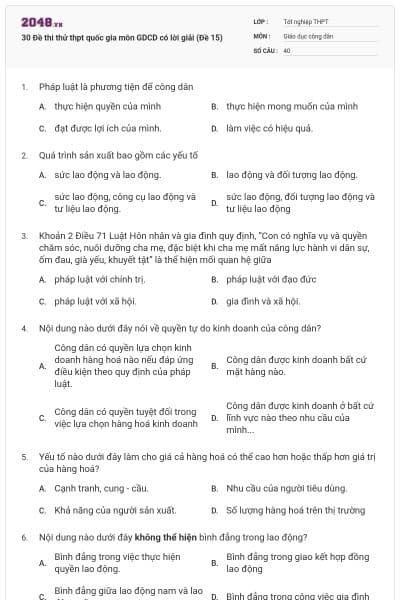 30 Đề thi thử thpt quốc gia môn GDCD có lời giải (Đề 15)