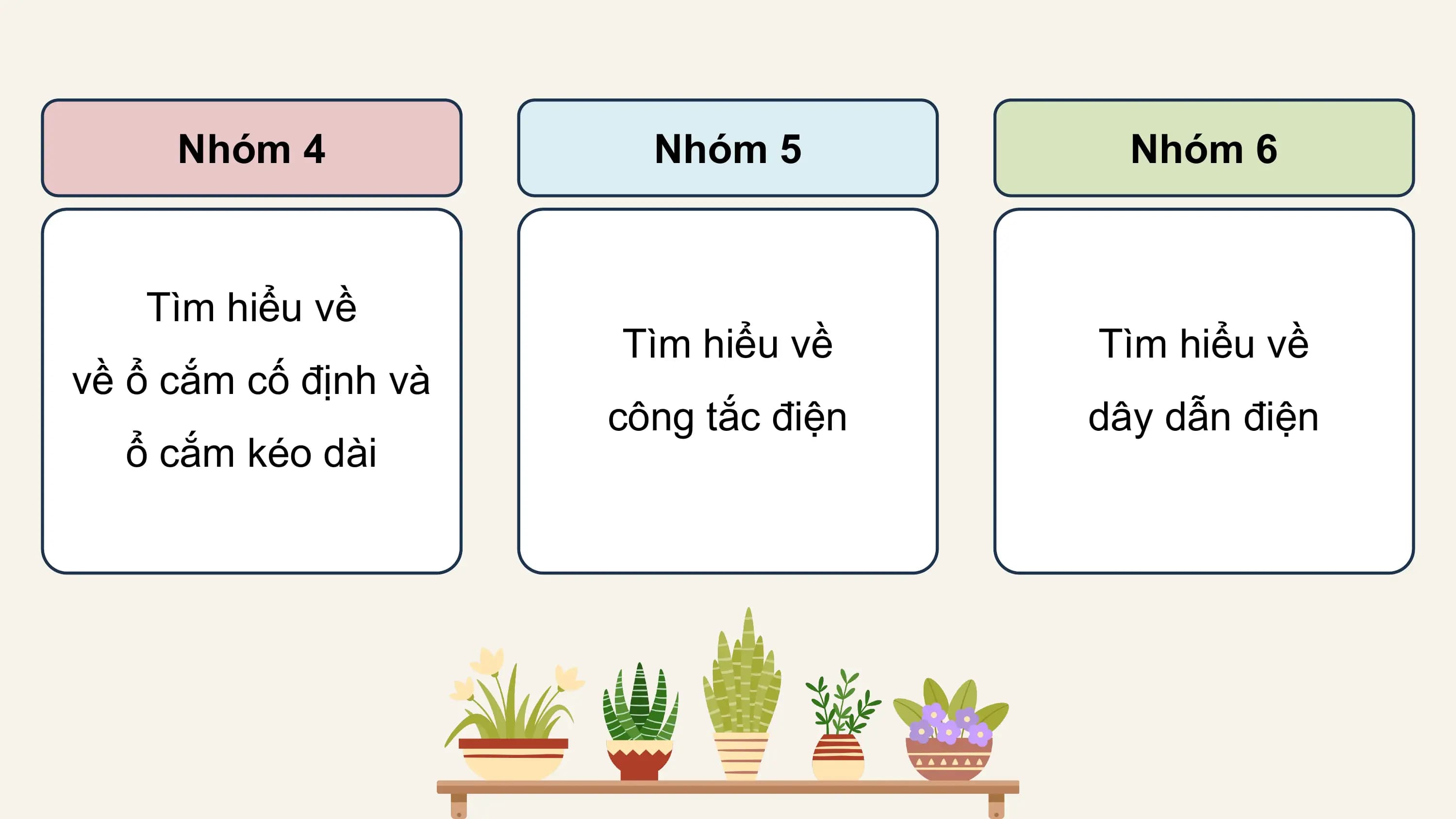 Nhóm 4 Nhóm 5 Nhóm 6

 Tìm hiểu về
 Tìm hiểu về Tìm hiểu về
về ổ cắm cố định và
 công tắc điện dây dẫn điện
 ổ cắm kéo dài