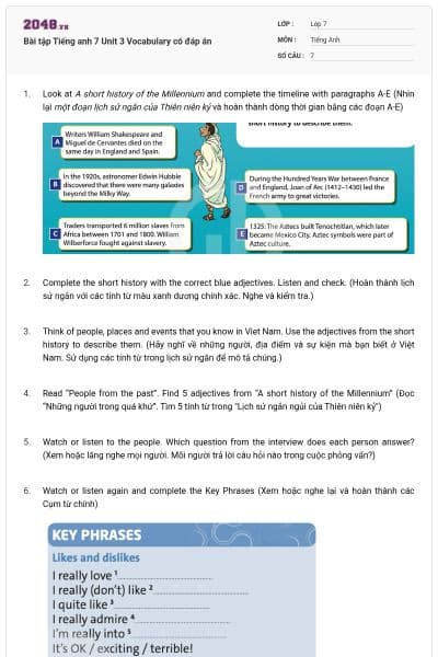 Bài tập Tiếng anh 7 Unit 3 Vocabulary có đáp án