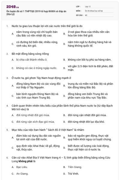 Ôn luyện đề số 1 THPTQG 2019 tổ hợp KHXH có đáp án (Địa Lý)