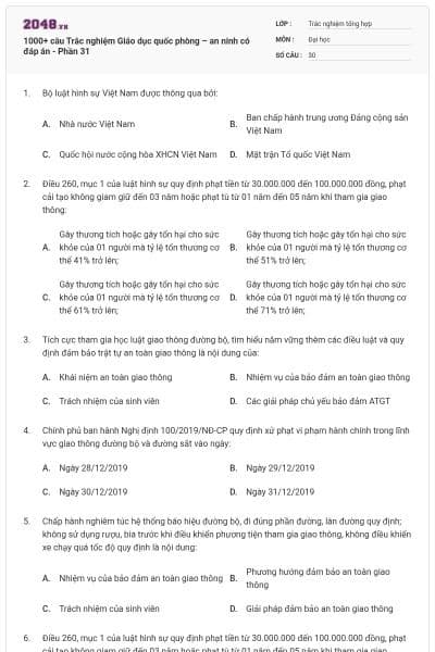 1000+ câu Trắc nghiệm Giáo dục quốc phòng – an ninh có đáp án - Phần 31