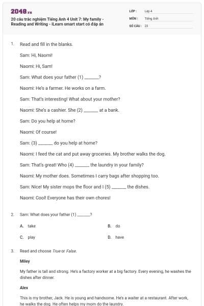 20 câu trắc nghiệm Tiếng Anh 4 Unit 7: My family - Reading and Writing - iLearn smart start có đáp án