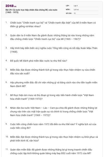 Bài 29: Cả nước trực tiếp chiến đấu chống Mĩ, cứu nước (1965 - 1973)