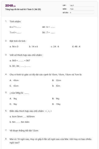 Tổng hợp đề thi cuối kì I Toán 3 ( Đề 20)