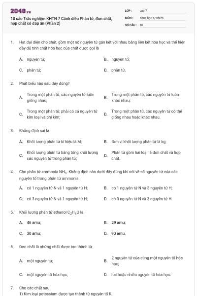 10 câu Trắc nghiệm KHTN 7 Cánh diều Phân tử, đơn chất, hợp chất có đáp án (Phần 2)