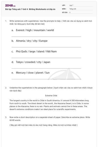 Bài tập Tiếng anh 7 Unit 4. Writing Worksheets có đáp án