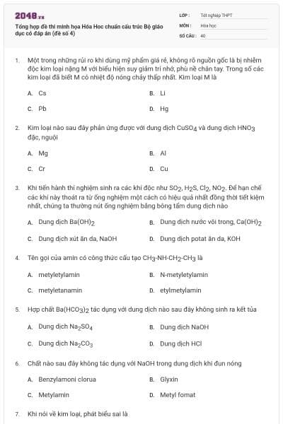Tổng hợp đề thi minh họa Hóa Hoc chuẩn cấu trúc Bộ giáo dục có đáp án (đề số 4)