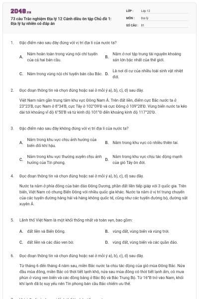 73 câu Trắc nghiệm Địa lý 12 Cánh diều ôn tập Chủ đề 1: Địa lý tự nhiên có đáp án