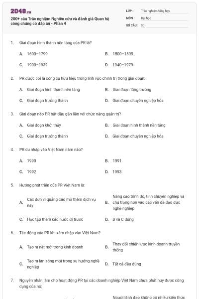 200+ câu Trắc nghiệm Nghiên cứu và đánh giá Quan hệ công chúng có đáp án - Phần 4