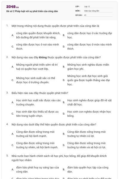 Đề số 2 Pháp luật với sự phát triển của công dân