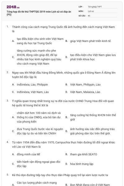 Tổng hợp đề thi thử THPTQG 2019 môn Lịch sử có đáp án (P5)