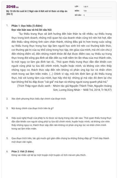 Bộ 10 đề thi cuối kì 2 Ngữ văn 6 Kết nối tri thức có đáp án (Đề 2)