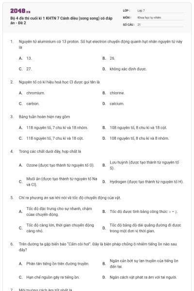 Bộ 4 đề thi cuối kì 1 KHTN 7 Cánh diều (song song) có đáp án - Đề 2
