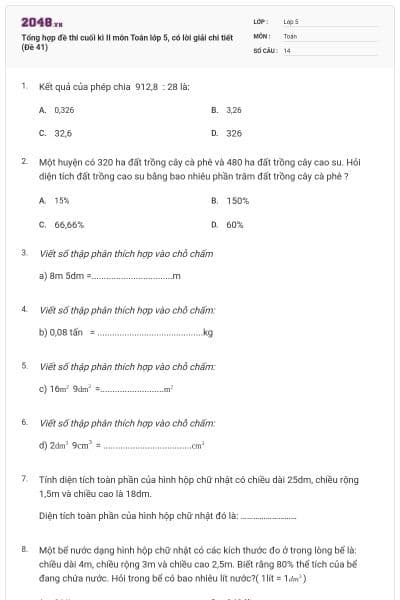 Tổng hợp đề thi cuối kì II môn Toán lớp 5, có lời giải chi tiết (Đề 41)