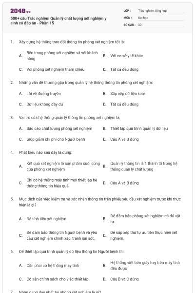 500+ câu Trắc nghiệm Quản lý chất lượng xét nghiệm y sinh có đáp án - Phần 15