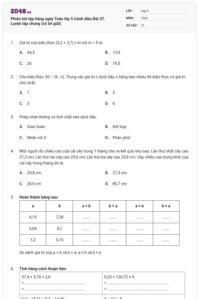 Phiếu bài tập hàng ngày Toán lớp 5 Cánh diều Bài 37. Luyện tập chung (có lời giải)