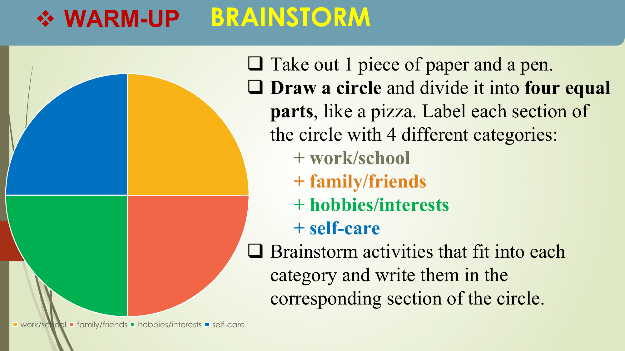 v WARM-UP BRAINSTORM
 q Take out 1 piece of paper and a pen.
 q Draw a circle and divide it into four equal
 parts, like a pizza. Label each section of
 the circle with 4 different categories:
 + work/school
 + family/friends
 + hobbies/interests
 + self-care
 q Brainstorm activities that fit into each
 category and write them in the
 corresponding section of the circle.
work/school family/friends hobbies/interests self-care
