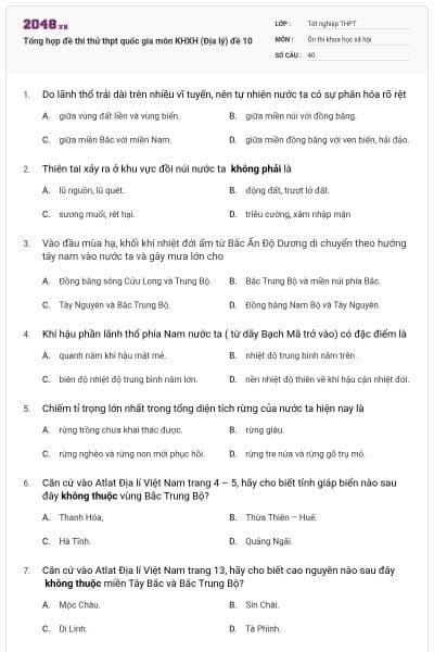Tổng hợp đề thi thử thpt quốc gia môn KHXH (Địa lý) đề 10