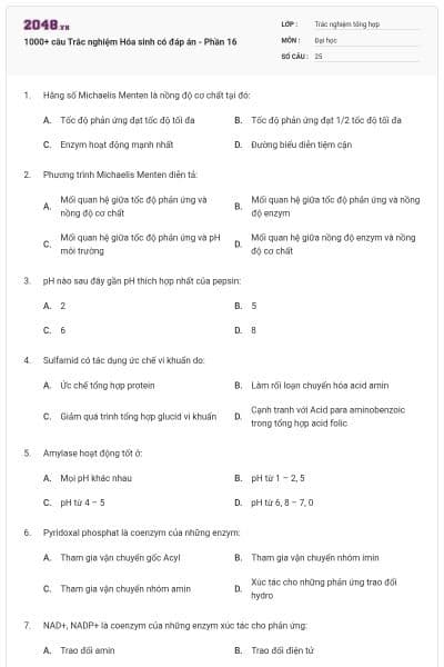1000+ câu Trắc nghiệm Hóa sinh có đáp án - Phần 16