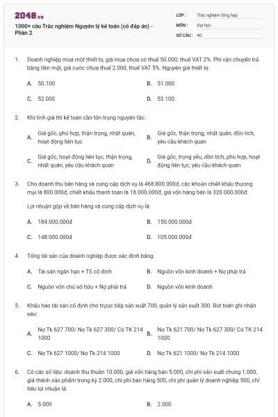 1000+ câu Trắc nghiệm Nguyên lý kế toán (có đáp án) - Phần 2