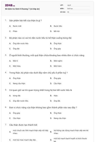 Đề kiểm tra Sinh 8 Chương 7 (có đáp án)