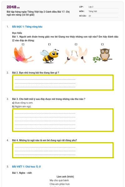 Bài tập hàng ngày Tiếng Việt lớp 2 Cánh diều Bài 17. Chị ngã em nâng (có lời giải)