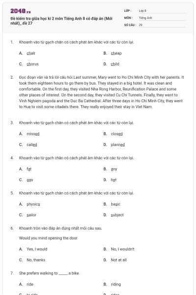 Đề kiểm tra giữa học kì 2 môn Tiếng Anh 8 có đáp án (Mới nhất)_ đề 27