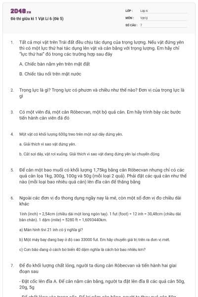 Đề thi giữa kì 1 Vật Lí 6 (Đề 5)