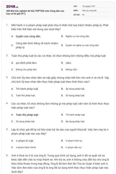 400 Bài trắc nghiệm thi thử THPTQG môn Công dân cực hay có lời giải (P1)