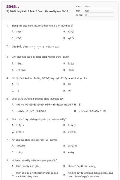 Bộ 10 đề thi giữa kì 1 Toán 8 Cánh diều có đáp án - Đề 10