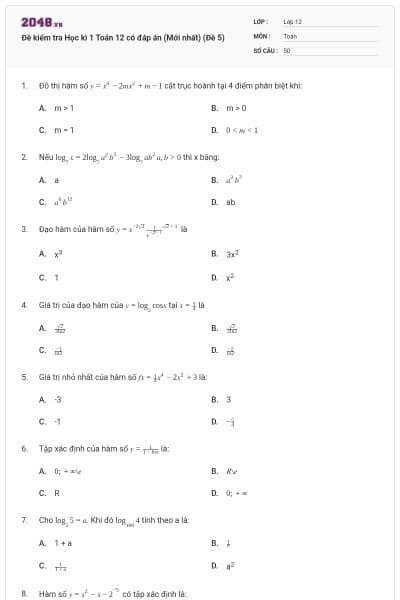 Đề kiểm tra Học kì 1 Toán 12 có đáp án (Mới nhất) (Đề 5)