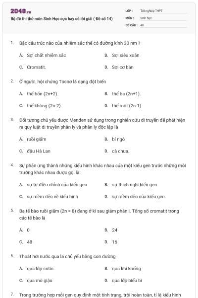 Bộ đề thi thử môn Sinh Học cực hay có lời giải ( Đề số 14)