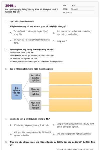 Bài tập hàng ngày Tiếng Việt lớp 4 Bài 12. Nhà phát minh 6 tuổi (có đáp án)