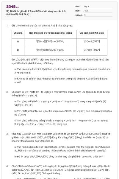 Bộ 10 đề thi giữa kì 2 Toán 8 Chân trời sáng tạo cấu trúc mới có đáp án ( Đề 7)
