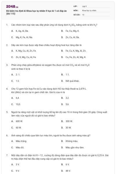 Đề kiểm tra định kì Khoa học tự nhiên 9 học kì 1 có đáp án (Đề 115)