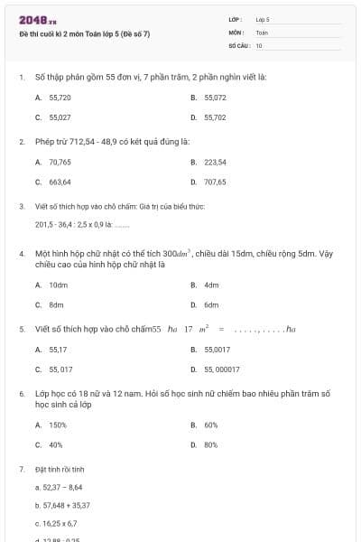 Đề thi cuối kì 2 môn Toán lớp 5 (Đề số 7)