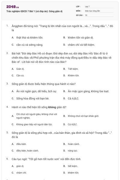Trắc nghiệm GDCD 7 Bài 1 (có đáp án): Sống giản dị