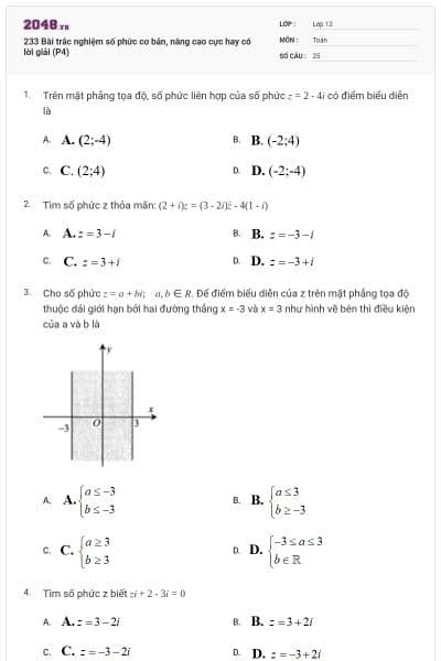 233 Bài trắc nghiệm số phức cơ bản, nâng cao cực hay có lời giải (P4)