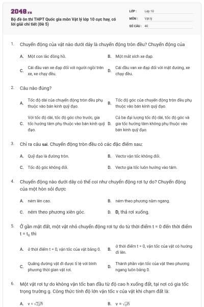 Bộ đề ôn thi THPT Quốc gia môn Vật lý lớp 10 cực hay, có lời giải chi tiết (Đề 5)