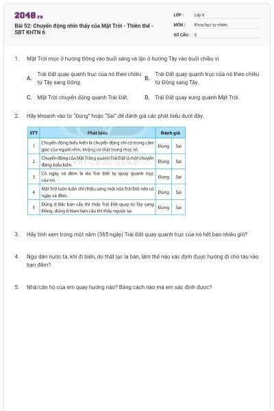 Bài 52: Chuyển động nhìn thấy của Mặt Trời - Thiên thể - SBT KHTN 6
