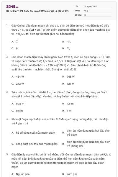 Đề thi thử THPT Quốc Gia năm 2019 môn Vật Lý (Đề số 22)