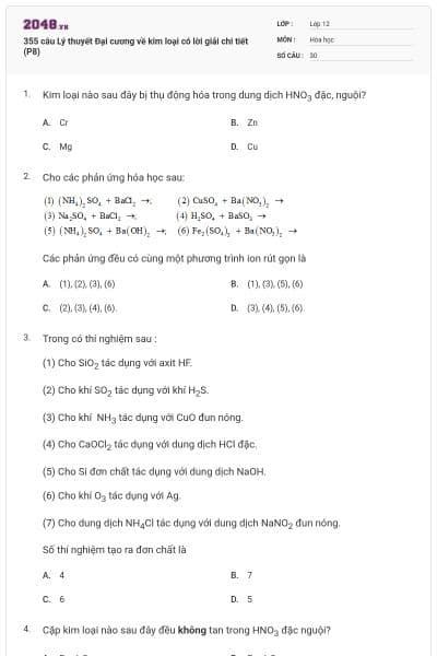 355 câu Lý thuyết Đại cương về kim loại có lời giải chi tiết (P8)