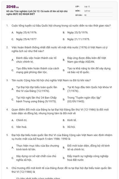60 câu Trắc nghiệm Lịch Sử 12: Cả nước đi lên xã hội chủ nghĩa  MỨC ĐỘ NHẬN BIẾT