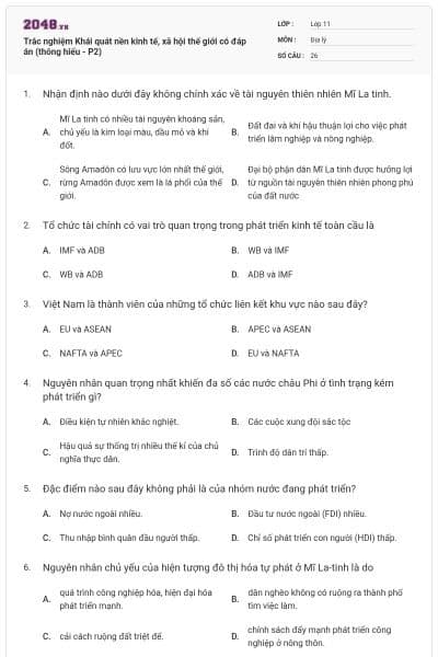 Trắc nghiệm Khái quát nền kinh tế, xã hội thế giới có đáp án (thông hiểu - P2)