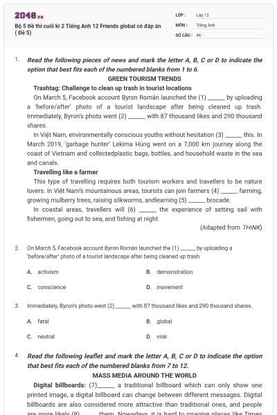 Bộ 5 Đề thi cuối kì 2 Tiếng Anh 12 Friends global có đáp án ( Đề 5)